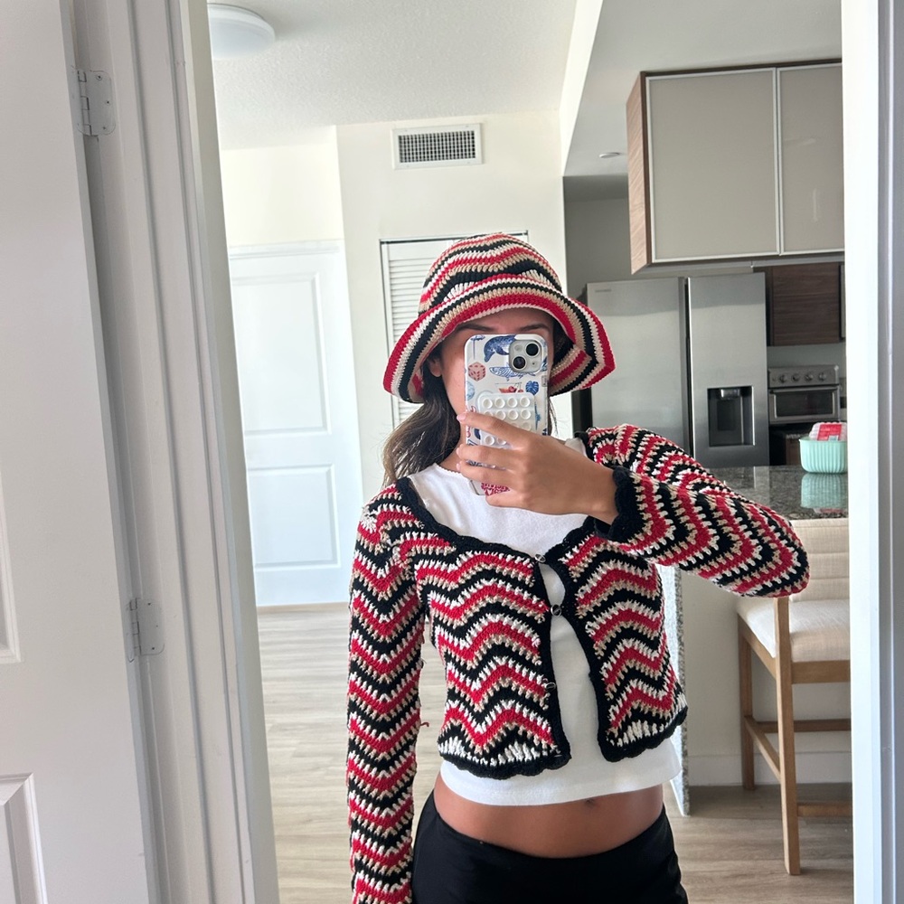 Ganni Red and Black Chevron Cardigan Sweater